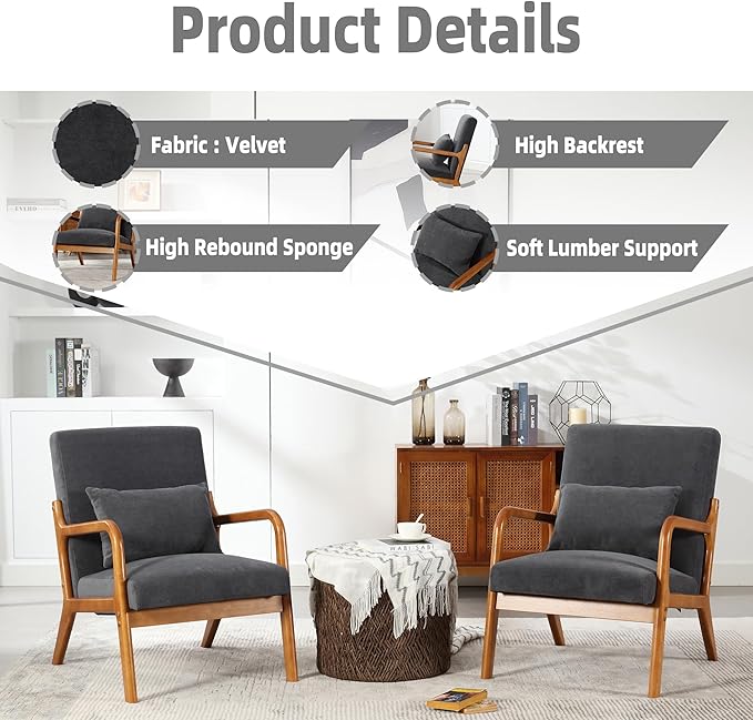 Modern Accent Chair Solid Wood Padding Lounge Armchairs with One Pillow for Living Room Bedroom Guest Room (Gray)