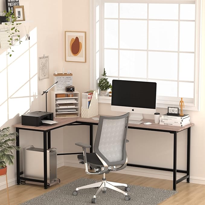 VECELO Corner DeskOffice Tables for Living Room for Small Space Triangle Computer Desk with Steel Frame Corner Shelves with Metal Frame Writing Desk for Workstation Classic White 66