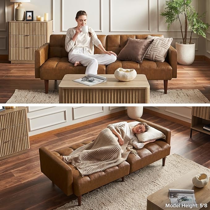 mopio Aaron 76.8 Couch Small Futon Sofa Bed Sleeper Loveseat Mid Century Modern Futon Couch Sofa Cama Couches for Living Room Bedroom (Dark Grey Fabric)