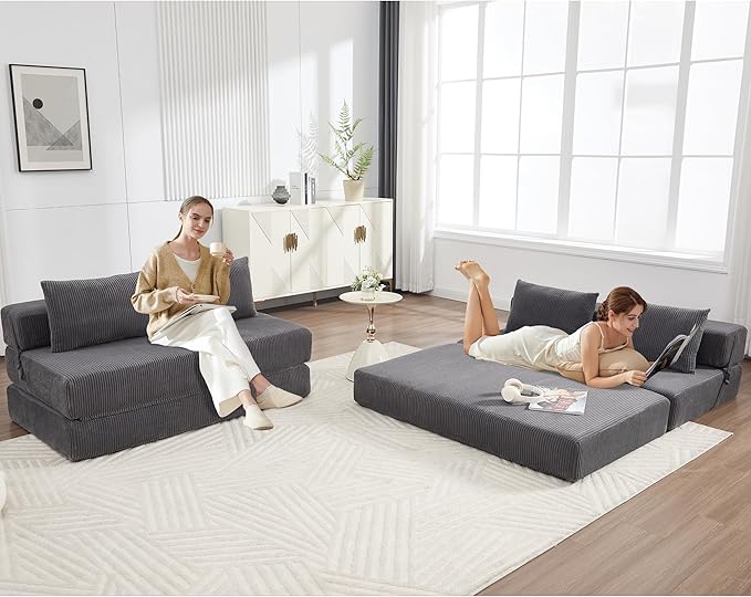 KIVENJAJA Folding Sofa Bed Full Size 3-in-1 Convertible Sleeper Sofa Corduroy Foldable Boneless Floor Futon Couch with Backrest &amp Pillows for Home Living Room Office Apartment Small Spaces Grey