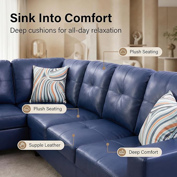 103.5 Inch Modern L-Shaped Couch Faux Leather Sectional Sofa with Chaise Lounge 4-Seater Couch with Accent Pillows for Living Room Apartment Blue