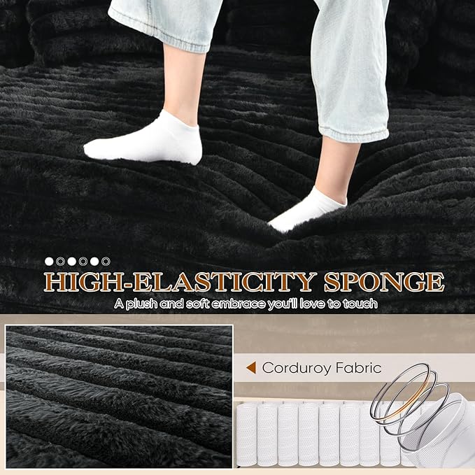 Chaise Lounge Chair Indoor Comfy Corduroy Plush Fluffy Foam Floor Compressed Sofa Chair Leisure Reading Single Sleeper Chaise Chair for Living Room Bedroom Office Pillows Included (Black)