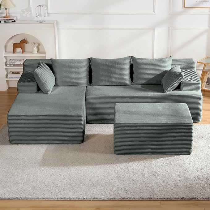 Boneless Couch Cloud Modular Sectional Sofa Modern Convertible L Shaped 3 Seat Corduroy Deep Seat Boneless Couches with 5 Pillows for Living Room Apartment (Dark Gray Left Facing Chaise+Ottoman)