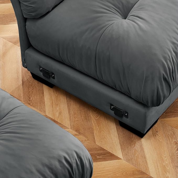Oversized L Shaped Sectional Sofa 3 Seater Modular Velvet Cloud Couch with Ottoman Large Fluffy Couch Set for Living Room Grey