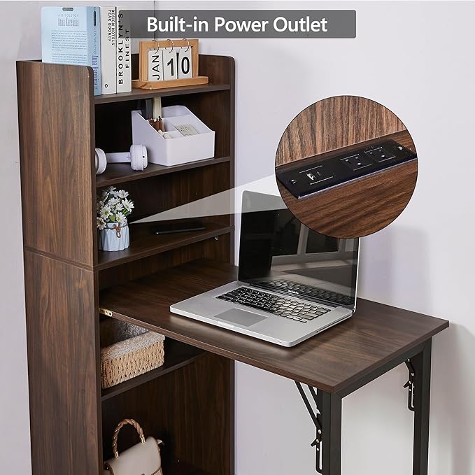 Foldable Desk with StorageHidden Desk with Built-in SocketFold Out Writing Table for Small SpacesHome Office and Bedroom (Dark Walnut)