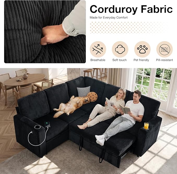 83 Sleeper Couch with Pull Out Sofa Bed 5-Seater Sectional Couches for Living Room L-Shaped Couch with Storage USB Port &amp Cup Holder Corduroy Convertible Corner Sofa for Apartment