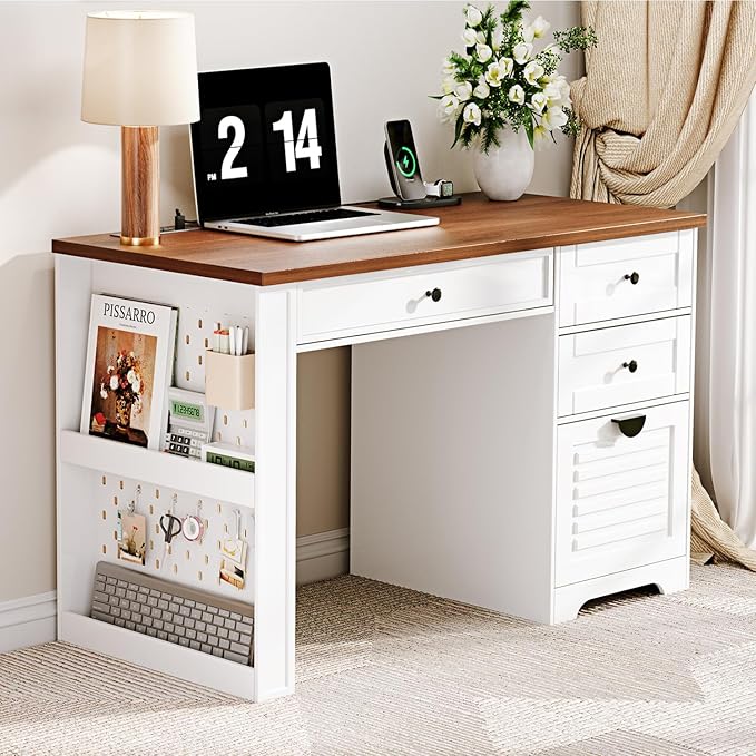 47 Home Office Desks Executive Desk Farmhouse Computer Desk with Drawers and Charging Station File Drawer Storage Cabinet Rustic Computer Writing DeskAntique White