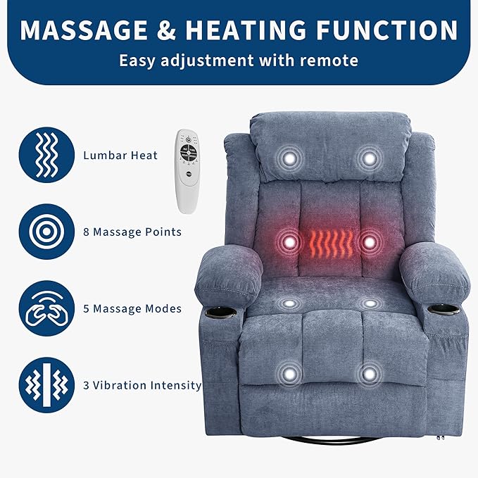 Oversized Swivel Rocker Recliner Chair with Heat &amp Massage 3-Position Adjustable Nursery Recliner for Adults Dual Cup Holders Side Pockets USB Charging Ports Blue