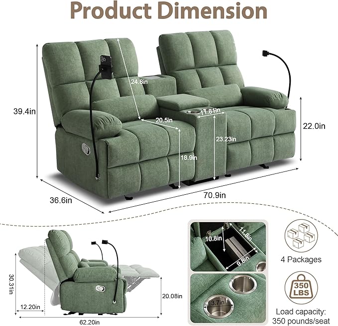 Reclining Loveseat with Rocker FunctionCat-Proof Loveseat Recliner Sofa with Phone Holder/USB/Type C RV Double Rocker Reclining Couch for Home TheaterLiving Room (Green) | Rocker Function Cat-Proo