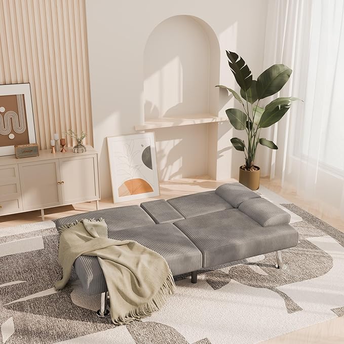 YESHOMY Futon Sofa Bed Futon Couch with Adjustable Backrest Convertible Sleeper Sofa with Removable Armrests Loveseat in Corduroy with 2 Cup Holders for Living Room Apartment (Grey)