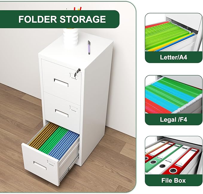 3 Drawer Metal Vertical File Cabinet with Lock and Card SlotOffice Home Vertical Filing Cabinets for A4 Legal/Letter Size Narrow File Cabinet LockedAssembly RequiredWhite