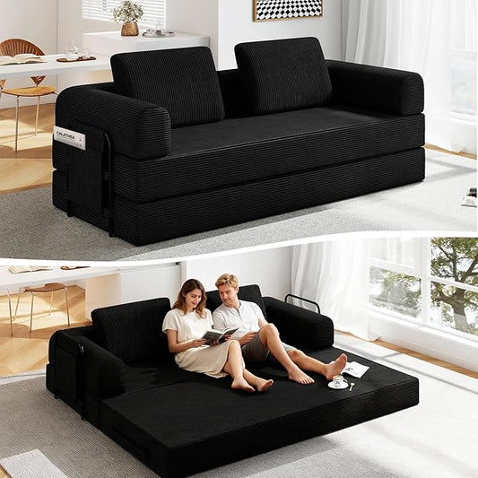 78'' Sleeper Couch Bed for Living Room Convertible Modular Sofa with Fixed Frame &amp Side Pocket Corduroy Futon Boneless Couches in a Box No Assembly Black