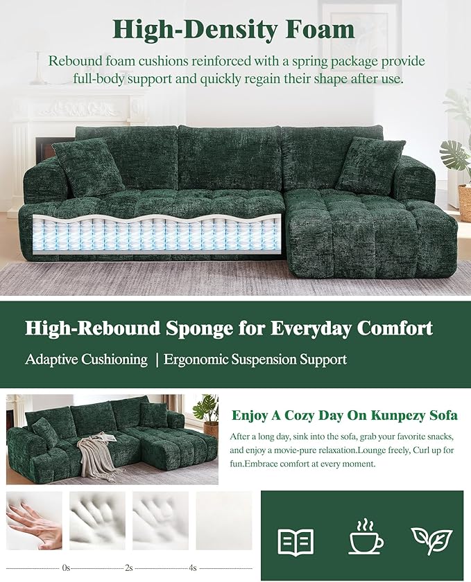 108 Boneless Cloud Modular Sectional Couch for Living Room L Shaped Sofa with Chaise | Chenille Fabric | Compressed Foam Sofa for Living Room | No Assembly (Deep Green Right Hand Facing)