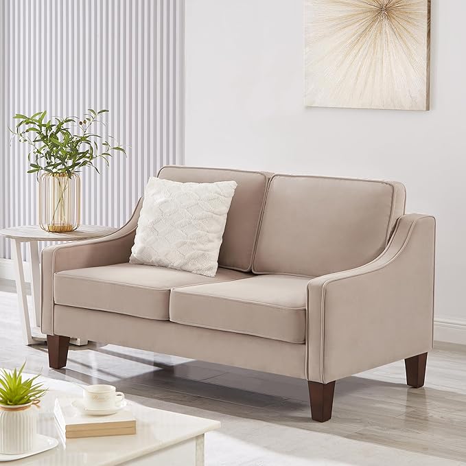 Modern Velvet Loveseat Sofa Couch Upholstered Love Seat Couches with Wooden Legs Comfy 2 Seat Small Couch for Living Room Bedroom Small Spaces Taupe