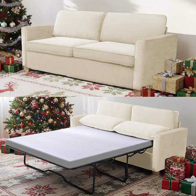 BALUS Velvet Full Size Pull Out Sofa Bed 71 W 2-in-1 Convertible Sleeper Sofa Pullout Couch Bed with Memory Foam Pillows and Mattress for Living Room Furniture Office Apartment Small Space Beige
