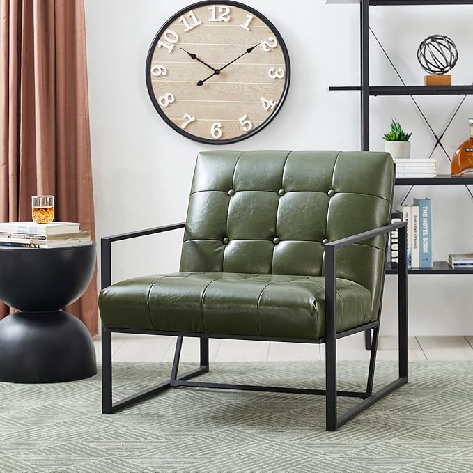 Glitzhome Mid Century Green Accent Chair Modern Living Room Armchairs with Durable Metal FramePU Leather Cushioned Reading Armchairs for Living Room Bedroom Home Office Green