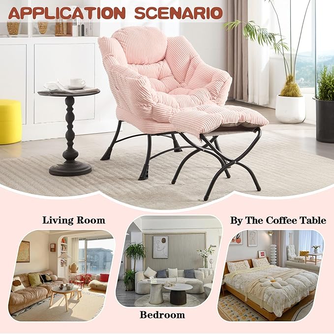 Lazy Chair with Ottoman &amp Storage Pocket Reading Chair for Bedroom Living Room Small Space Comfy Lounge Chairs Steel Frame Oversized Ergonomic Corduroy (Pink)