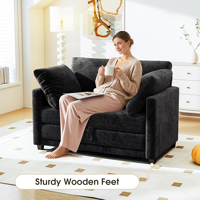 51 Convertible Loveseat Sofa Bed 2-in-1 Folding Sofa Bed with 2 Pillow for Small Spaces Modern Loveseat Sleeper Couch for Apartment Living Room &amp Guest Room (Chenille Black 51 inch)