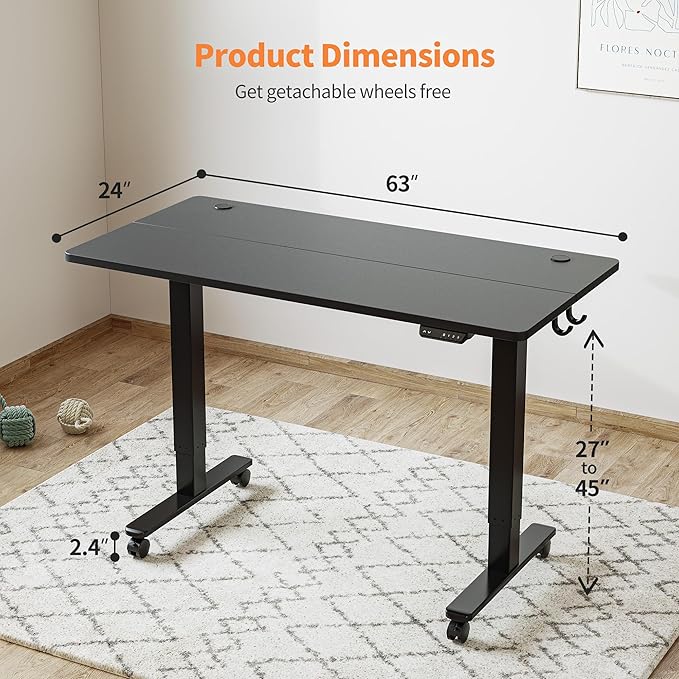 BANTI 63'' Electric Height Adjustable Standing DeskSit Stand up DeskErgonomic Sit-Stand Desk for Home OfficeBlack Top