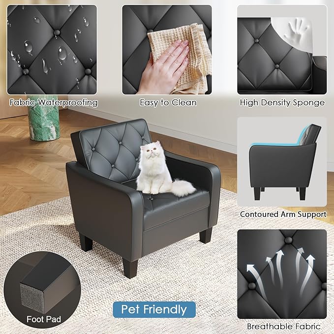 STHOUYN Living Room Arm Chairs Black Faux Leather Accent Chair Waiting Room Chairs Office Reading Chair for Guest (1 Black)
