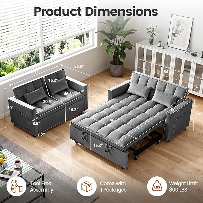 Convertible Sofa Bed Pull Out Couch with Side Pockets 3 in 1 Velvet Fabric Loveseat Sleeper Sofa Bed Pull Out Couch with Adjustable Backrest for Living Room Bedroom Apartment Deep Gray