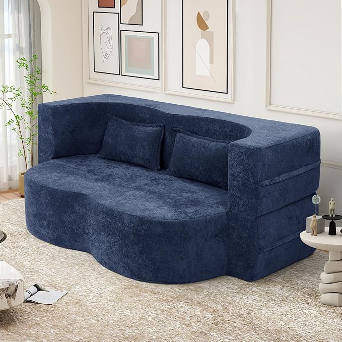 78 Convertible Sofa Bed with Pillows Queen Sleeper SofaFoam Folding Mattress Sleeper Modern Teddy Fabric Floor Cushion and Futon Chaise Lounge SofaFor ApartmentsGuest RoomsGuest UseCondoBlue