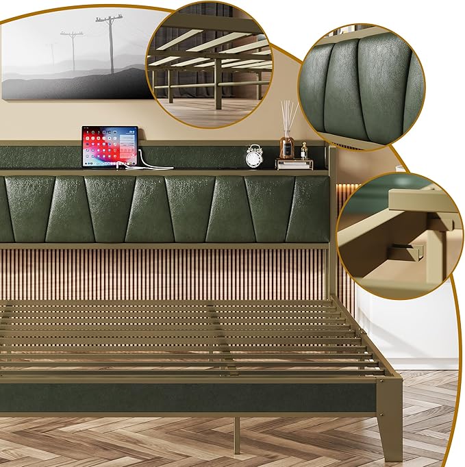 LIKIMIO California King Bed Frame Storage Headboard with Charging Station Solid and Stable Noise Free No Box Spring Needed Easy Assembly (Dark Green)