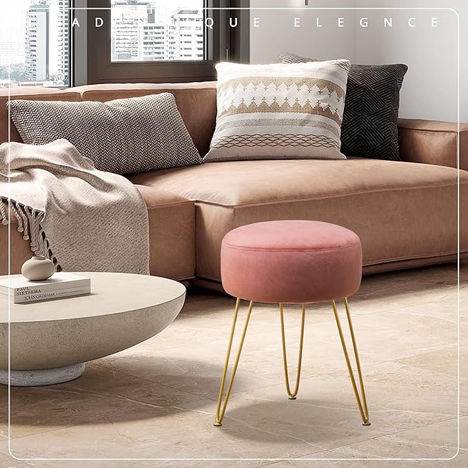 LUE BONA Vanity Stool Pink Vanity Stools for Makeup Room Round Ottoman Foot Stool Velvet Footrest Vanity Chair for Bathroom Vanity Bedroom Living Room Entryway Offices 300lbs