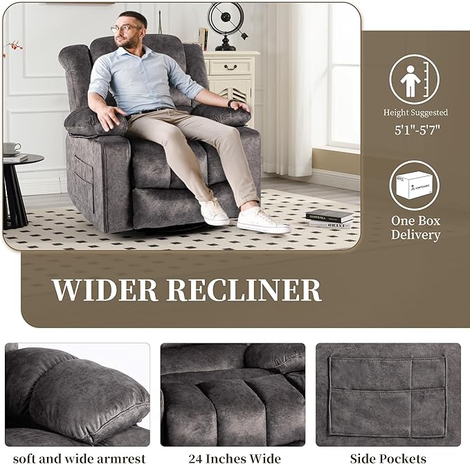 Recliner Chair Rocker Modern Ergonomic Lounge 360 Degree Swivel Single Sofa Seat Living Room Lounge Recliners (360 Swivel Dark Gray A - Flannel)