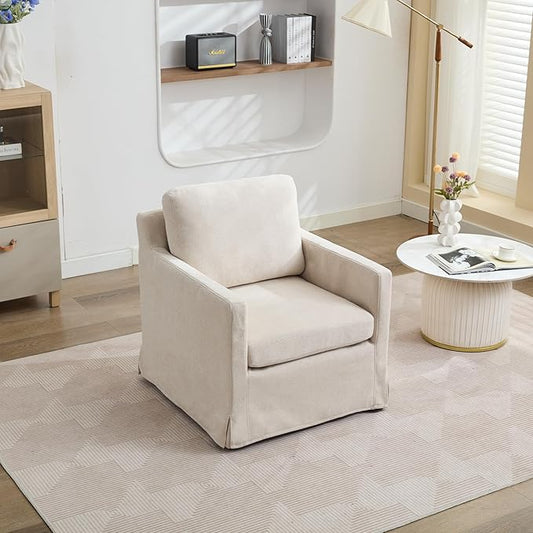 Modern Swivel Accent Chair Beige Chenille 360-Degree Rotation with Removable Cushion Skirted Design 34.8x29.9x33.1 Inch for Living Room Office