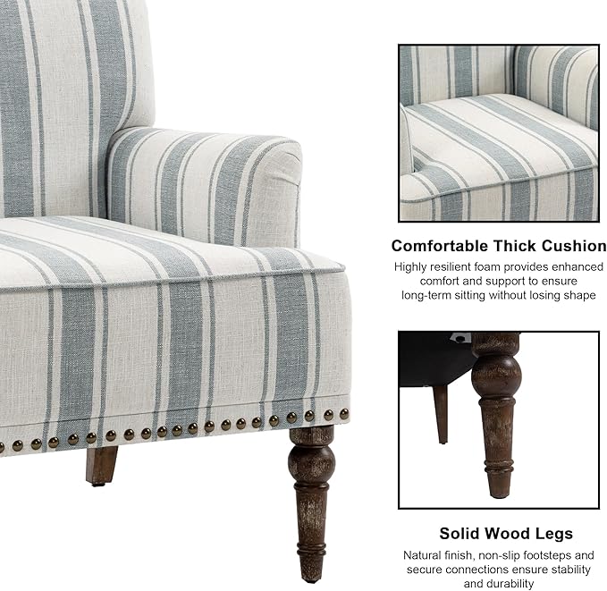 Accent Chair Mid Century Modern Comfy Armchair for Living Room Linen Fabric Single Sofa Lounge for Reading Bedroom Apartment Waiting Room with Wood Legs (Blue Stripe Set of 2)