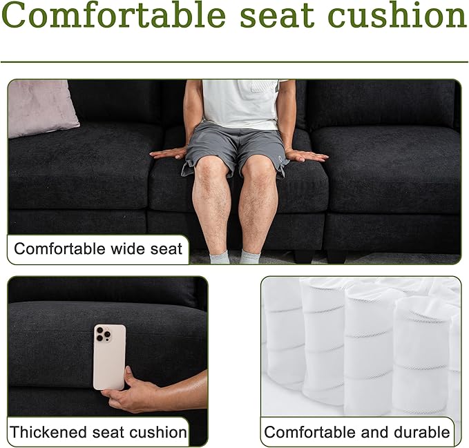 122.8 Large Sectional Couches for Living Room 6 Seater L Shaped Modular Sectional Sofa with Storage Ottoman &amp USB Oversized Corner Couch for Living Room（Black）