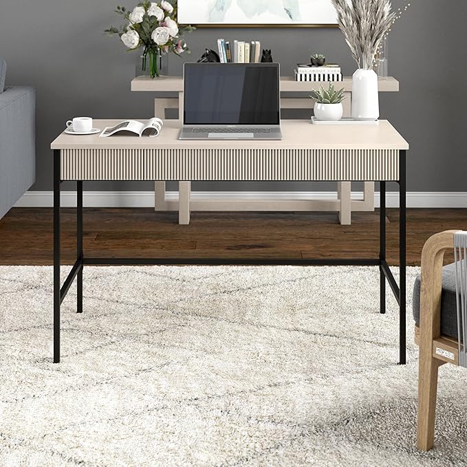 Henn&ampHart 48 Fluted Mid-Century Modern Rectangular Wooden Home Office Desk Computer Desk Writing Table with 3 Ribbed Storage Drawers for Bedroom Living Room or Home Office Beech White