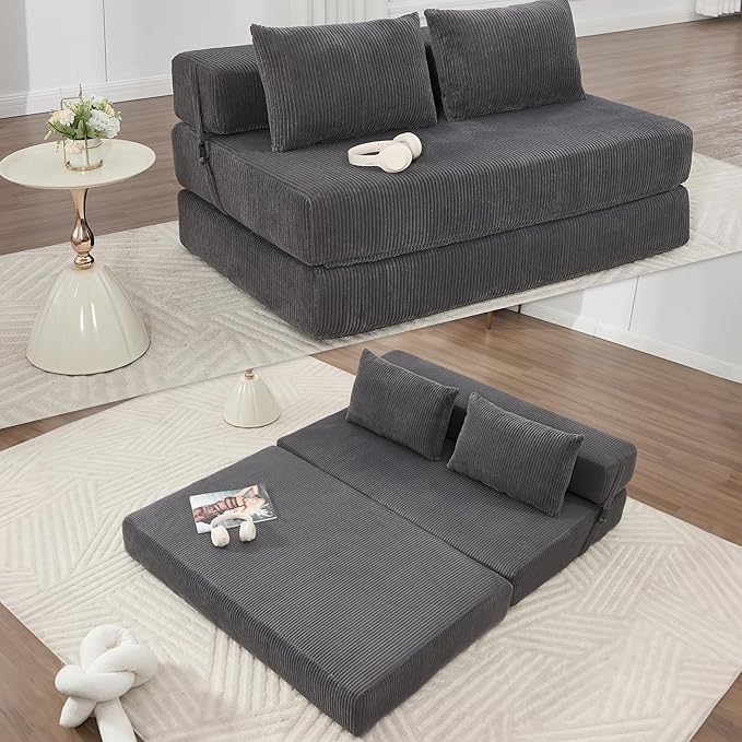 Folding Sofa Bed Full Size Modern Corduroy Floor Boneless Loveseat Couch Bed with 2 Pillows Comfy 3 in 1 Convertible Sleeper Sofa for Living Room Apartment Dorm Small Space Grey