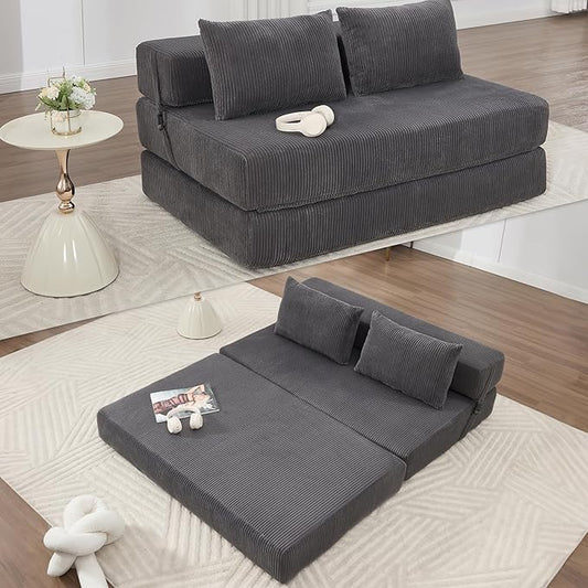 Folding Sofa Bed Full Size Modern Corduroy Floor Boneless Loveseat Couch Bed with 2 Pillows Comfy 3 in 1 Convertible Sleeper Sofa for Living Room Apartment Dorm Small Space Grey