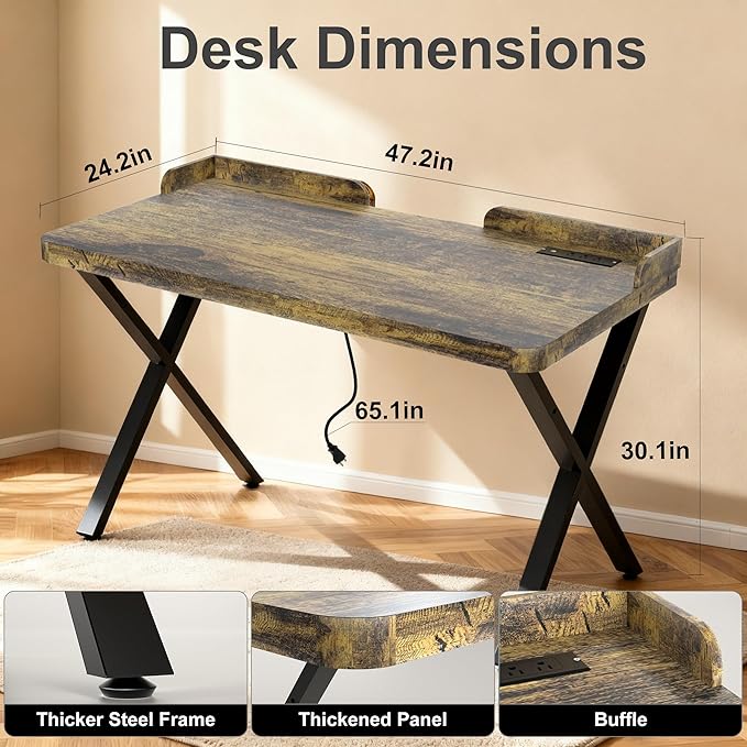 Lightdot 47x24 Inches Computer Desk with Power Outlets &amp USB Deeper Desktop &amp Baffle Gaming Office Writing Work Desk for Home Office Study Bedroom Heavy Duty Metal Frame Rustic Brown