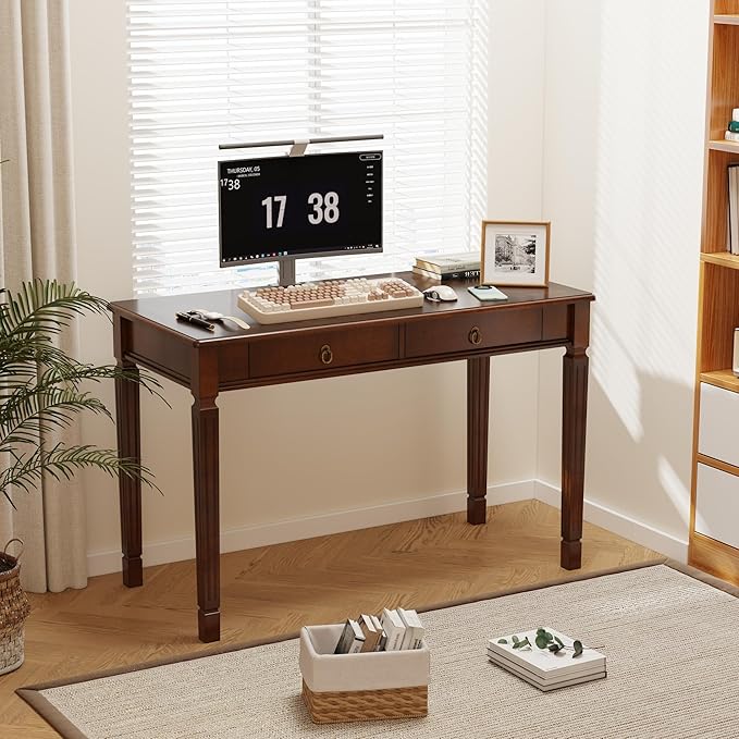 Solid Wood Writing Desk Home Office Desks with 2 Storage Drawers 46.1 Mid-Century Modern Walnut Tables Secretary Desk for Home Office Easy Assembly Vanity Desk Study Table Station BSZD1258