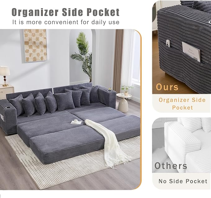 Oversized L-Shaped Modular Sectional Sofa Couch with 8 Pillows Convertible Corduroy Sleeper Sofa Bed with Cupholders &amp Storage Pockets Cloud Couch with Movable Ottoman for Living Room Dark Grey