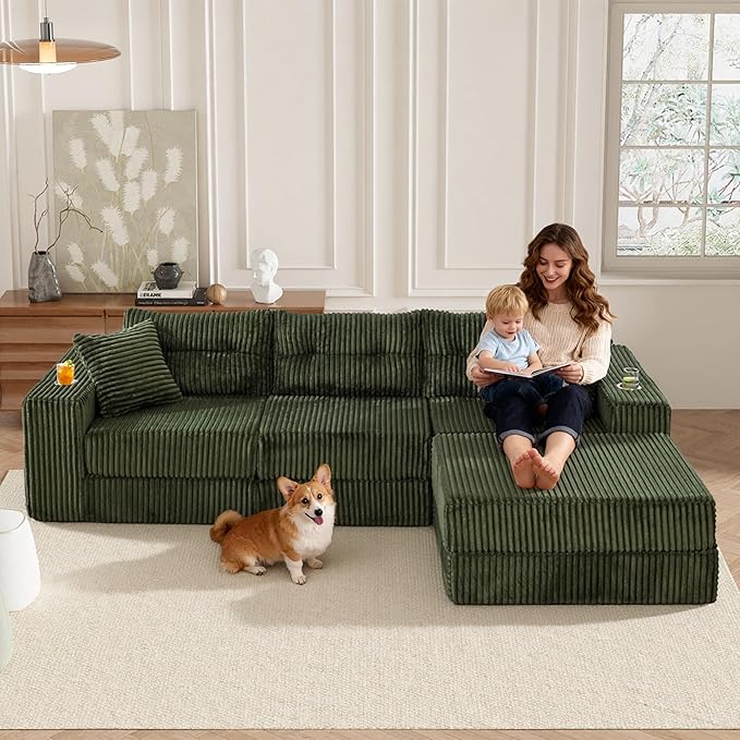 TYBOATLE Modular Sectional Sofa Couch Corduroy Cloud Boneless Foam Couch with Deep Seats &amp Cup Holder Modern Comfy Sleeper Sofa with L-Shape Chaise No Assembly (Forest Green)