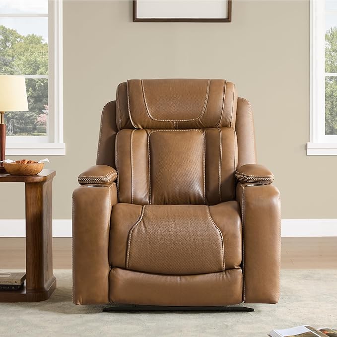 Watson &amp Whitely Genuine Leather Electric Recliner Chairs Oversized Super Zero Gravity Recliner Triple-Motor W Adjustable Lumbar Headrest Support &amp Hidden Storage Saddle Brown