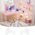 Pamray L Shaped Computer Desk with Reversible Side Storage Shelves 49 Inch Gaming Desk with Power Outlets and Led Lights PC Table for Home Office and Bedroom Pink