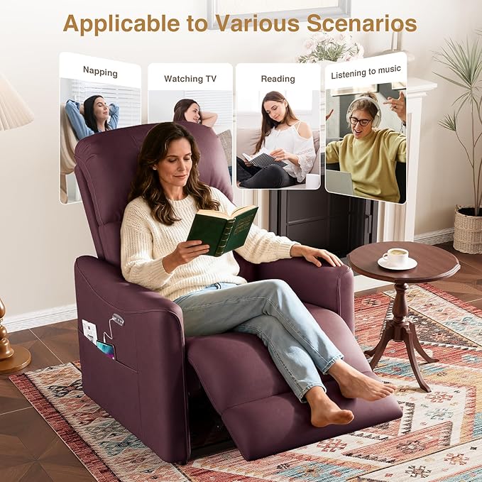 Power Recliner Chair Reclining Chair PU Leather Small Recliners for Small Spaces Infinite Position Electric Recliner Chairs for Adults Electric Recliners with USB Port Purple