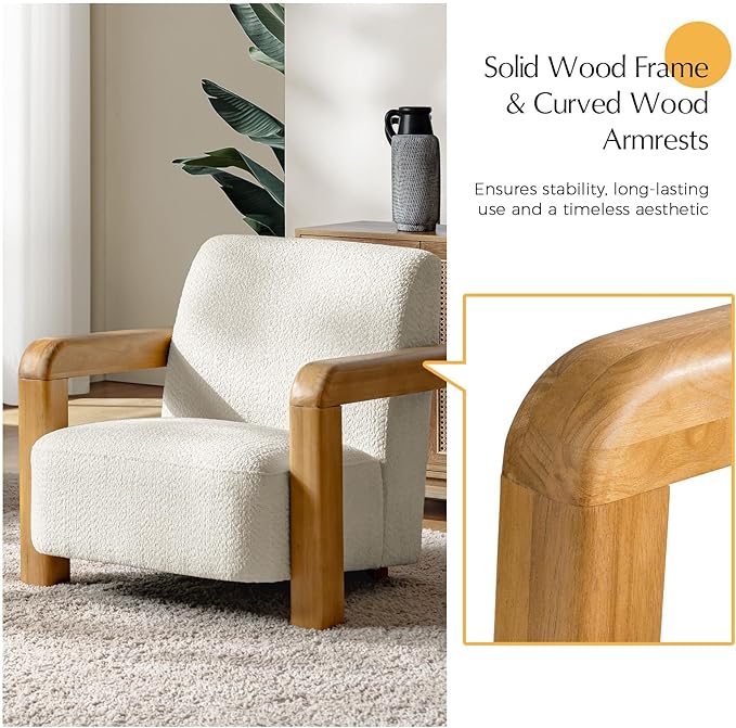 HULALA HOME Boucle Accent Chair Modern Low-Profile Leisure Armchair with Thick Padded Seat Cushion Solid Wood Frame &amp Curved Armrests Ideal for Living Room/Bedroom/Reading Corner(Ivory)