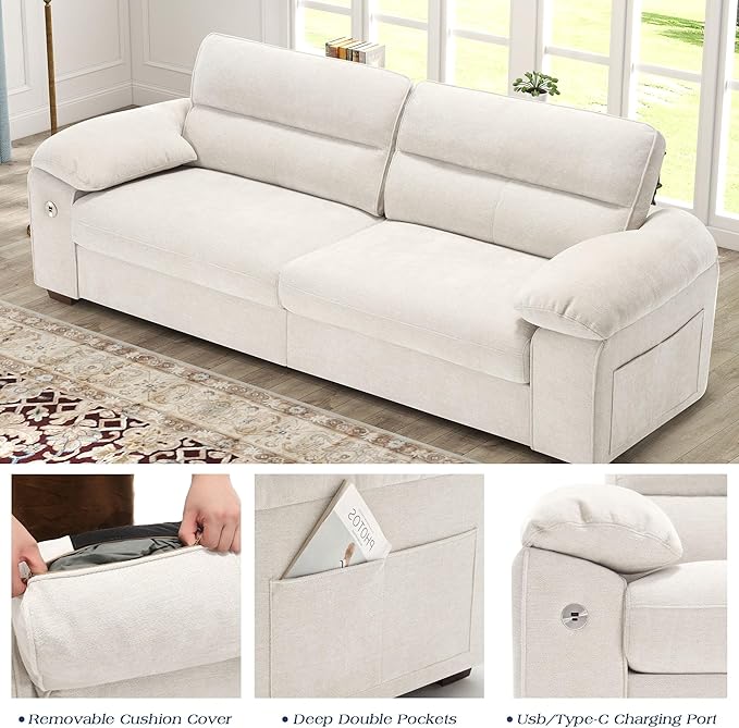 WorthFurni Sofas for Living Room Chenille Pillow-Armrest Loveseat Couch Set Small Sofa 3 Seater Sofa USB Charging Removable Sofa Cover Solid Wood Frame Easy to Install (90.5 inch Beige)
