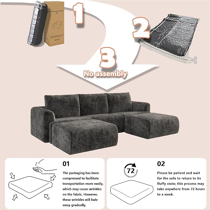 EASE MOOSE Cloud Couch Sectional Sofa Large U-Shaped Oversized Modular Couch for Living Room Minimalist Boneless Couches with Ottoman 5-Seat Deep Sofas for Bedroom Chenille (Dark Grey)