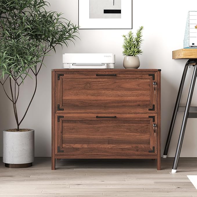 2 Drawer Farmhouse Small File Cabinet with Lock Under Desk Locking Storage Drawers Organizer Filing Cabinets for Home OfficeModern FurnitureWalnut