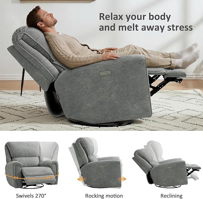 MCombo Power Swivel Rocker Recliner Chair Oversized Power Recliner Chair for Big and Tall People 400lbs Heavy Duty Recliners USB Charge Ports for Living Room Office Fabric OE678 (Light Grey)