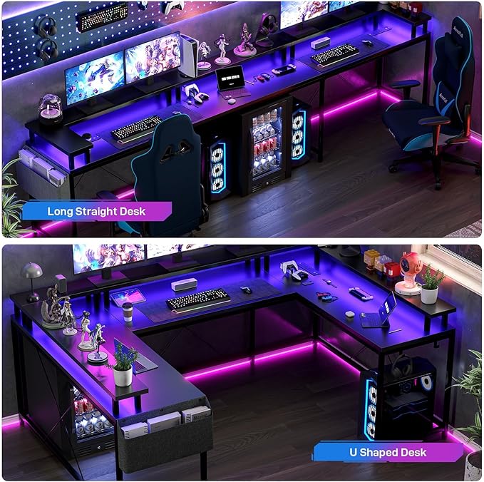 U Shaped Desk 79 Reversible L Shaped Desk and Long Gaming Desk with Storage Shelf &amp Power Outlets &amp LED Lights Corner Computer Desk with Monitor Stand and Side Storage Bag for Home Office