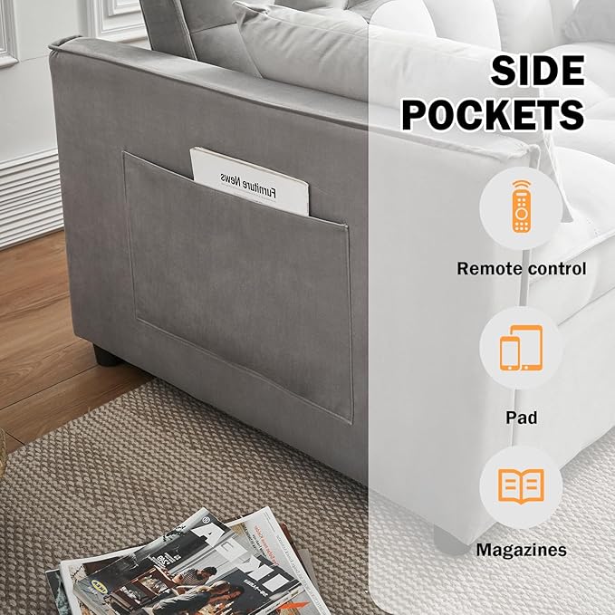 Velvet Convertible Sleeper Sofa 3-in-1 Pull Out Couch Bed with PillowsAdjustable BackrestStorage Pockets with Armrests for Living Room &amp Bedroom (Grey)