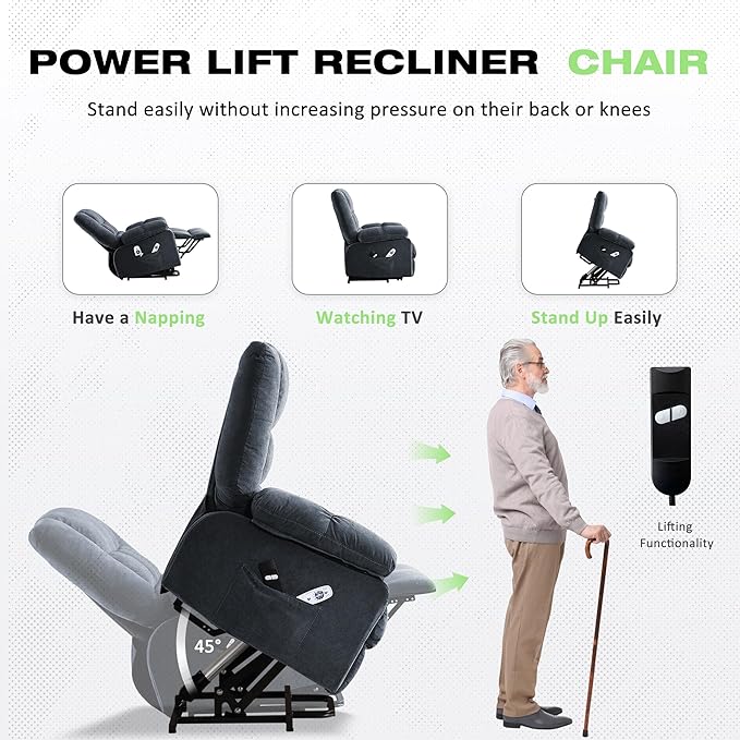 BOSMILLER Power Lift Recliner Chair with Massage and Heat for ElderlyElectric Lift Chair with USB Charging Runction and Side Pockets Suitable for Living Rooms and bedroomsBlue